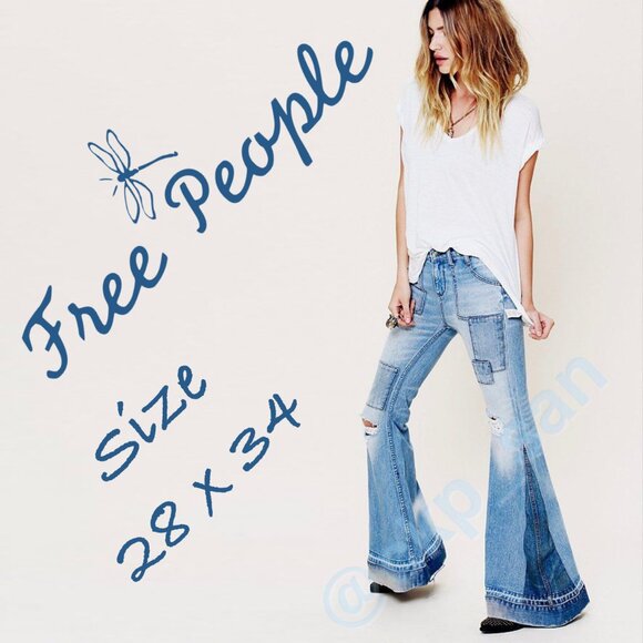 ❌ Reserved for @isabelle_p ❌ Free People Festy Super Flare Patchwork Jeans Sz 28 - Picture 1 of 16